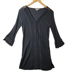 Rise & Bloom Womens Black 100% Cotton Gauze Crochet Trim Tunic Swim Coverup M